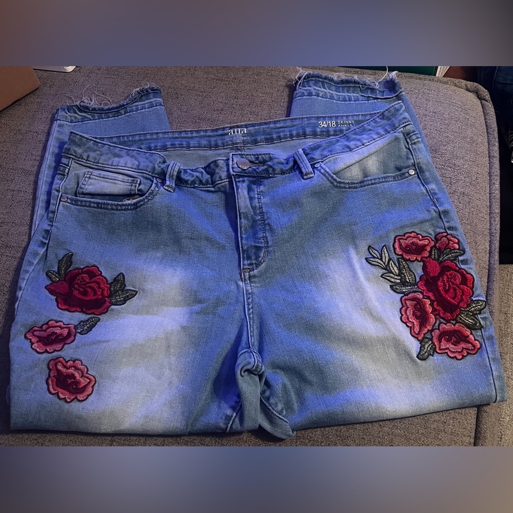 a.n.a Blue Skinny Jeans with Red/Pink Floral Embroidery and distressed ankles